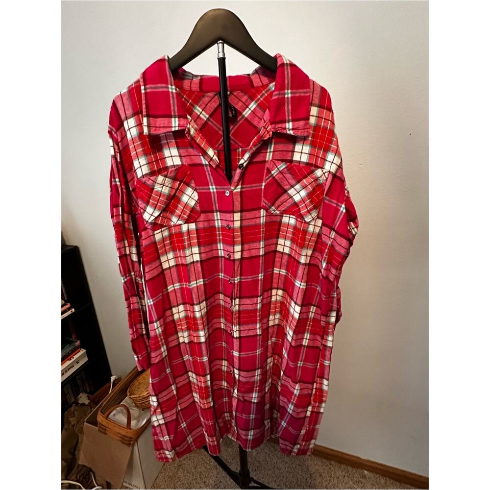 Nina Capri Red Plaid Flannel Shirt Dress – 100% Cotton – Size 2XL